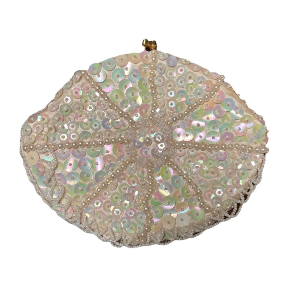 Vintage Beaded Bag Made In Hong Kong Gold Tone Hardware Sequins Iridescent
